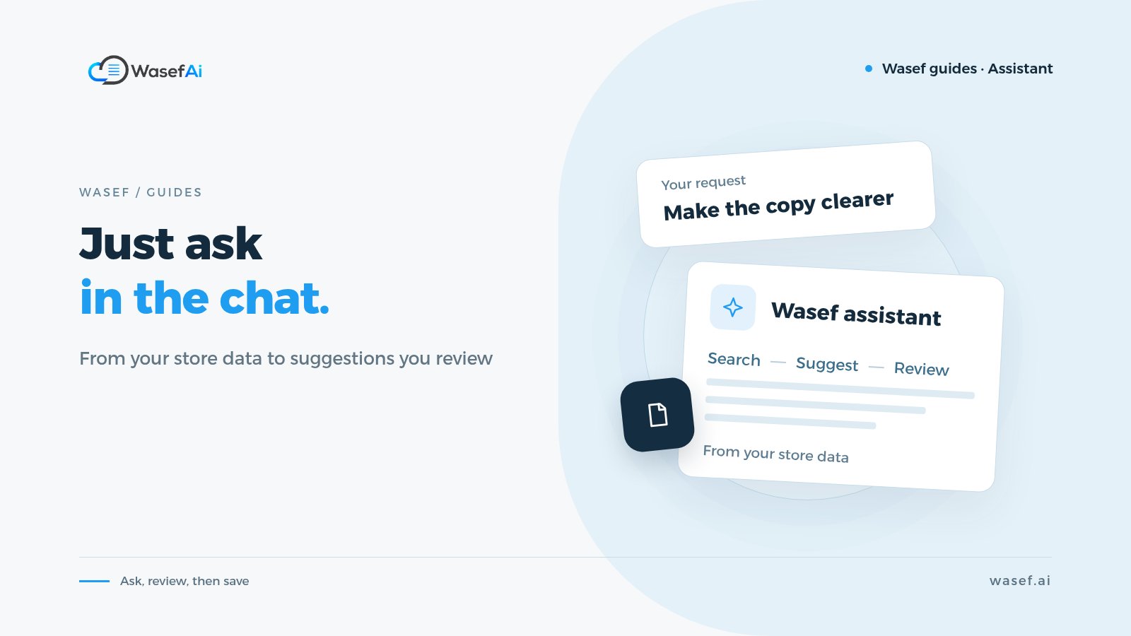Cover for a Wasef guide on improving Salla product content through the Wasef assistant chat: a chat request answered by the Wasef assistant card with search, suggest and review steps, with the headline Just ask in the chat.