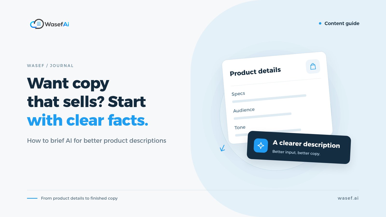 Cover for writing AI product description prompts: a product details card turning into a clearer description, with the headline Want copy that sells? Start with clear facts.