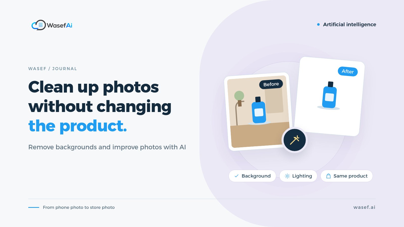 Cover for AI product photo editing: a product photo before and after background cleanup, with the headline Clean up photos without changing the product.