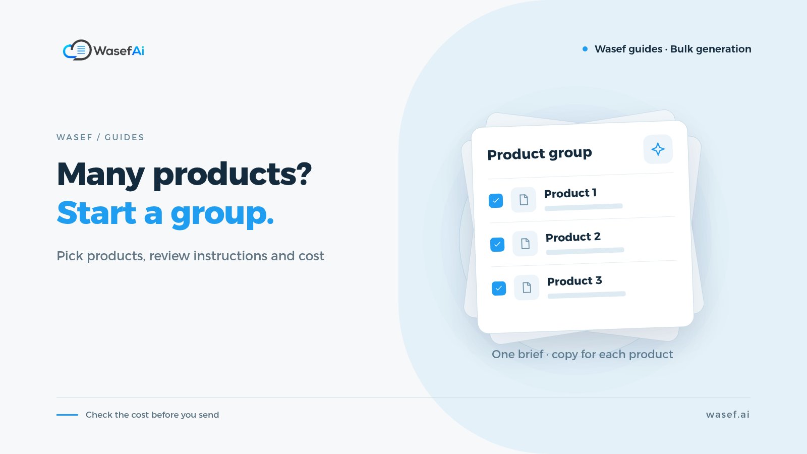 Cover for a Wasef guide on bulk generating product content: a product group card with three checked products, with the headline Many products? Start a group.
