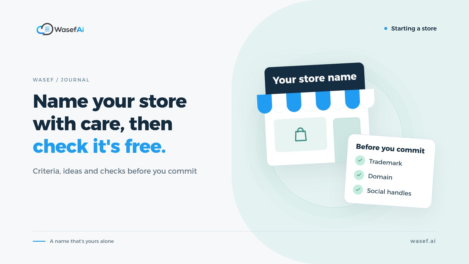 Cover for choosing an online store name: a storefront sign beside a name availability checklist, with the headline Name your store with care, then check it's free.