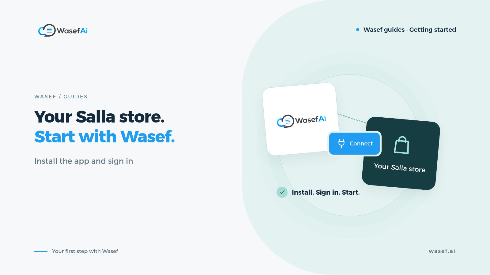 Cover for installing Wasef on a Salla store: the Wasef card connected to a Salla store card, with the headline Your Salla store. Start with Wasef.