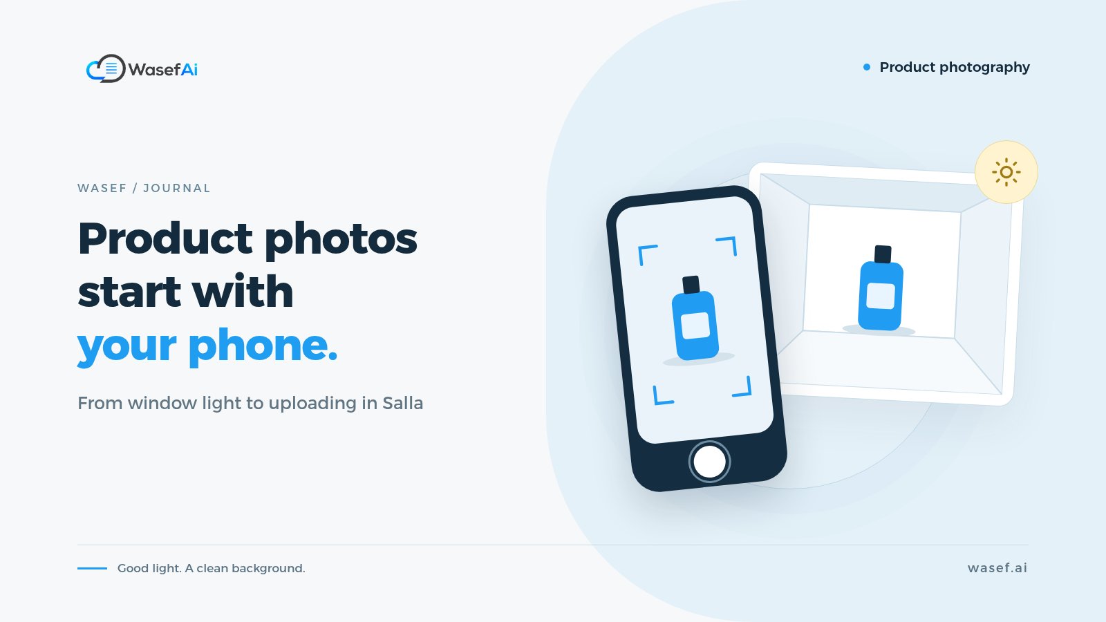 Cover for taking product photos with a phone: a phone camera framing a product in a light box, with the headline Product photos start with your phone.