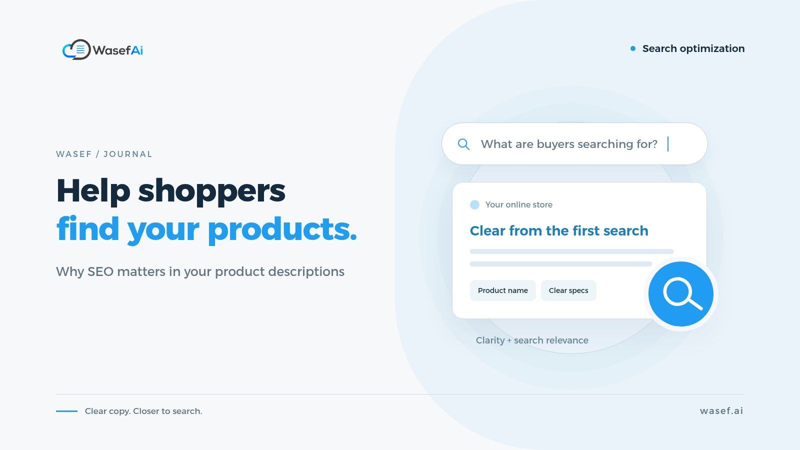 Cover for why SEO matters for product descriptions: a search bar and a store result card with a magnifying glass, with the headline Help shoppers find your products.