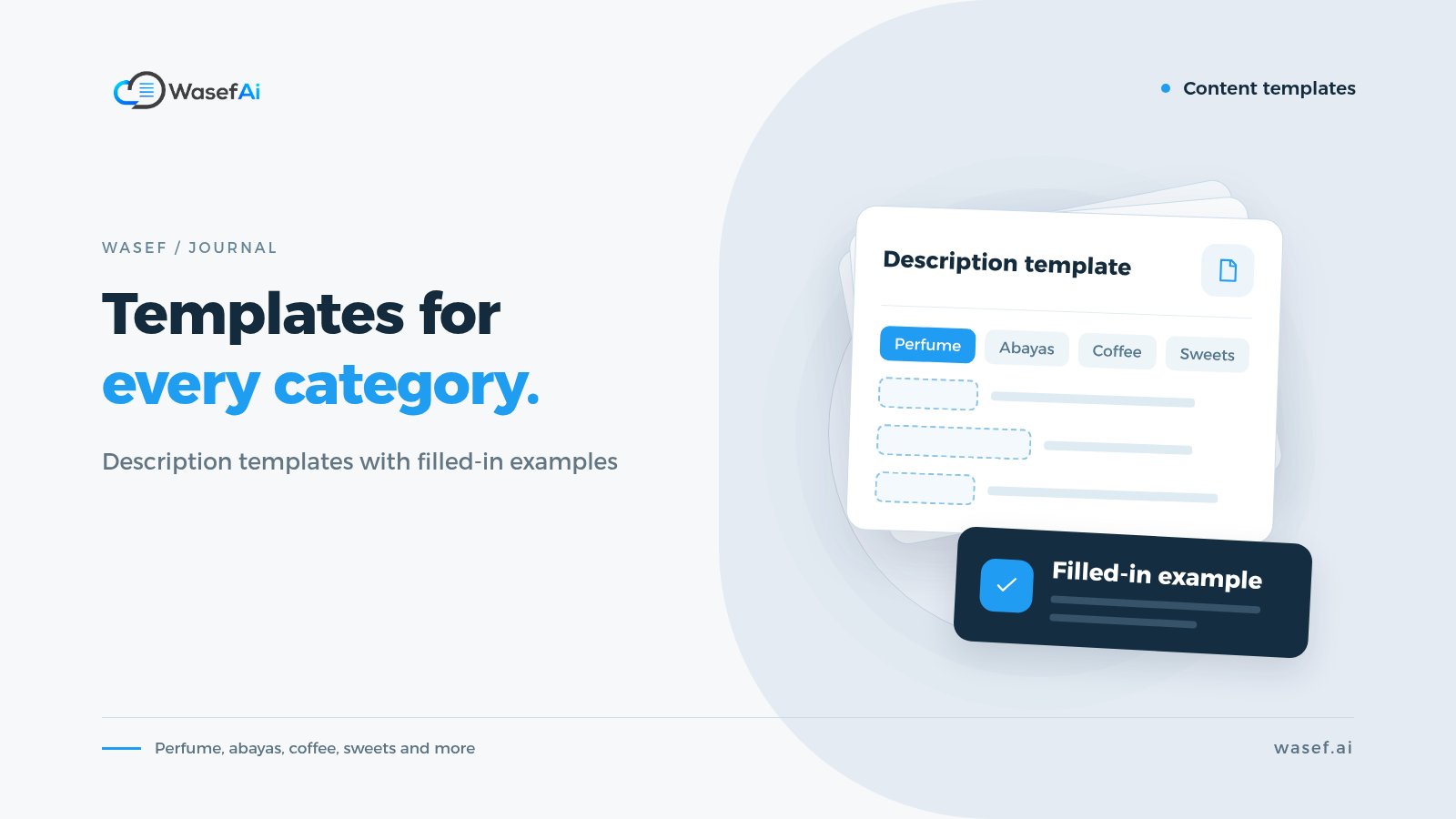 Cover for product description templates by category: a description template with category tabs and a filled-in example, with the headline Templates for every category.