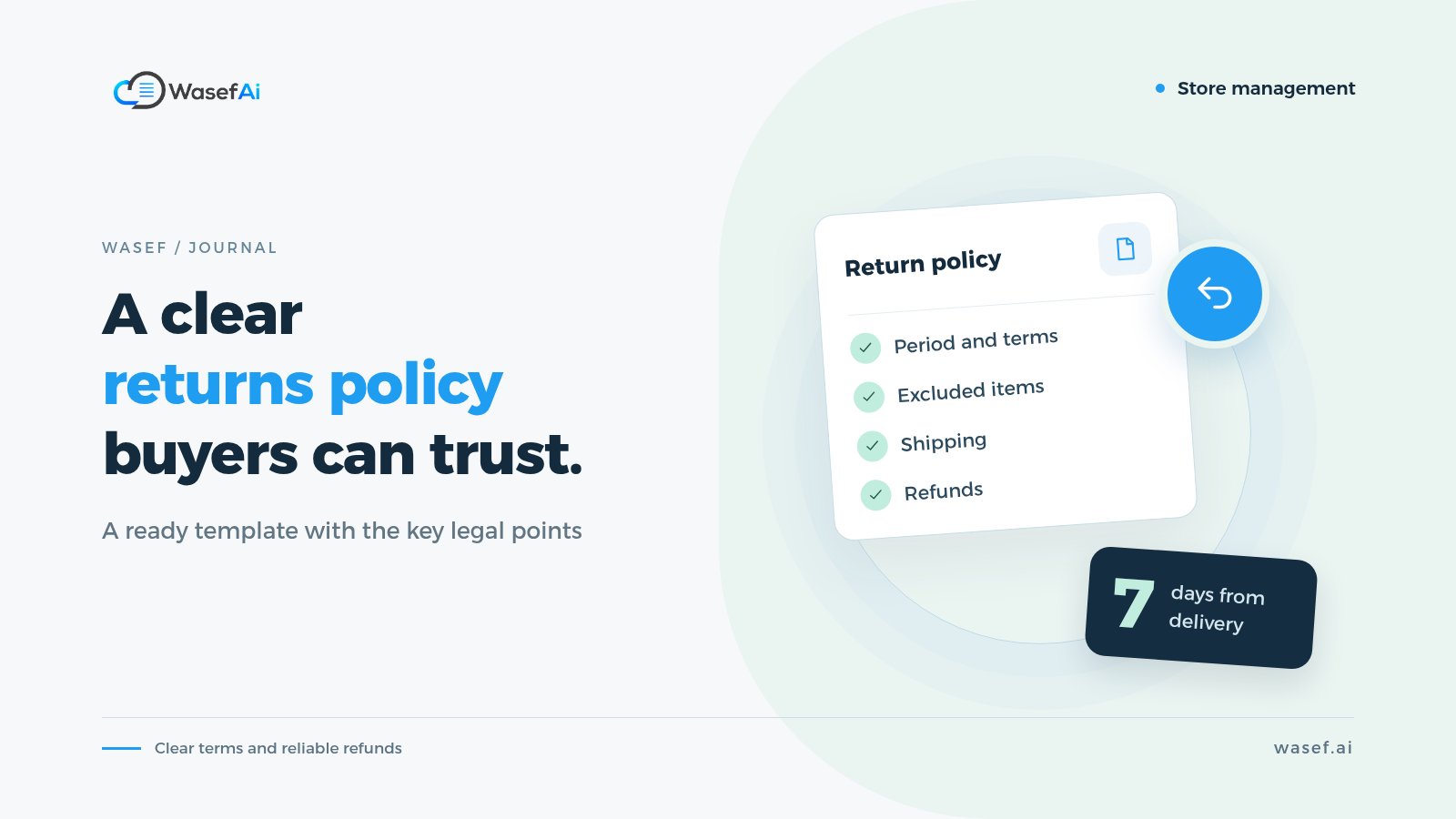 Cover for a returns and exchange policy template: a returns policy checklist with a seven-day card, with the headline A clear returns policy buyers can trust.