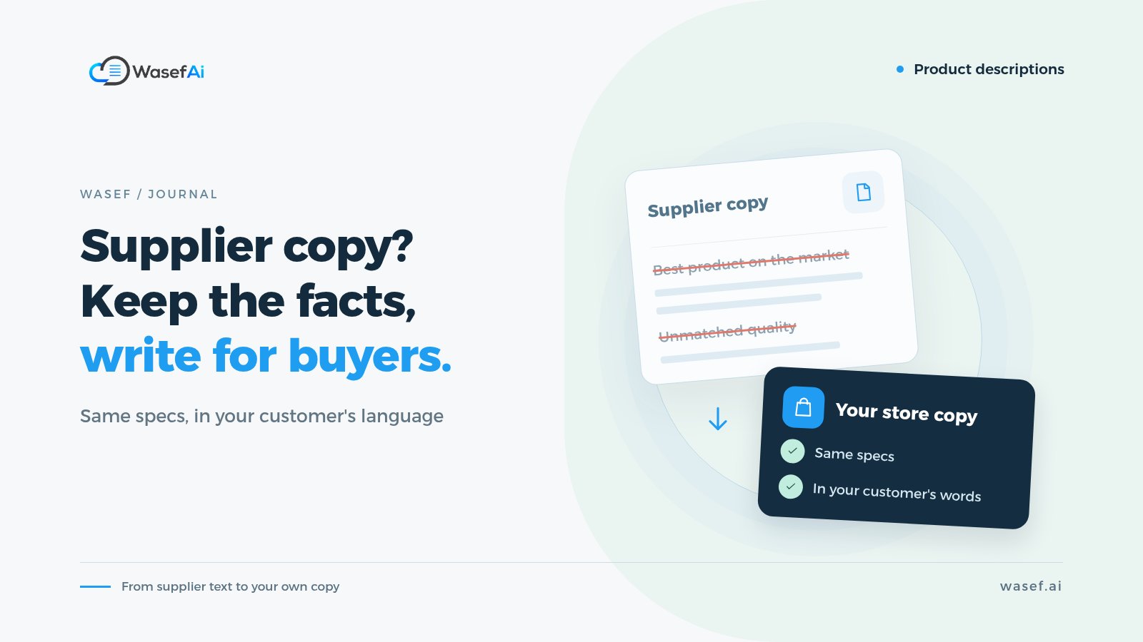Cover for rewriting supplier product descriptions: supplier copy with crossed-out claims rewritten into a store description, with the headline Supplier copy? Keep the facts, write for buyers.