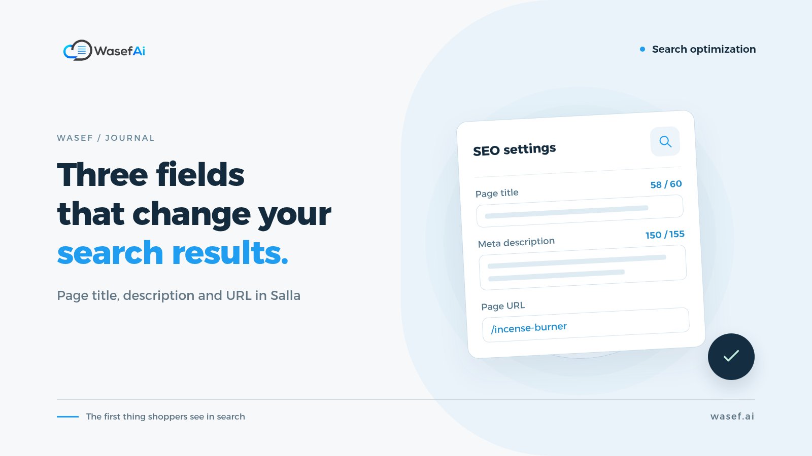 Cover for the SEO fields on Salla product pages: Salla SEO settings showing page title, description and URL fields, with the headline Three fields that change your search results.
