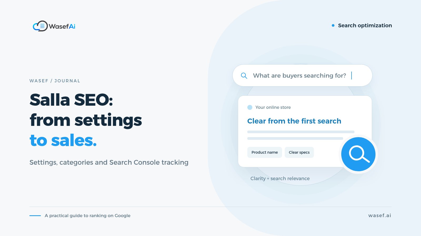 Cover for a practical Salla SEO guide: a search bar and a store result card with a magnifying glass, with the headline Salla SEO: from settings to sales.