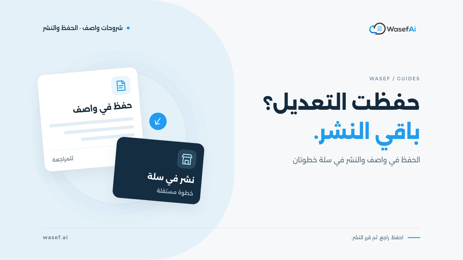غلاف شرح الفرق بين الحفظ والنشر: بطاقة حفظ في واصف وبطاقة مستقلة للنشر في سلة، مع عبارة حفظت التعديل؟ باقي النشر.