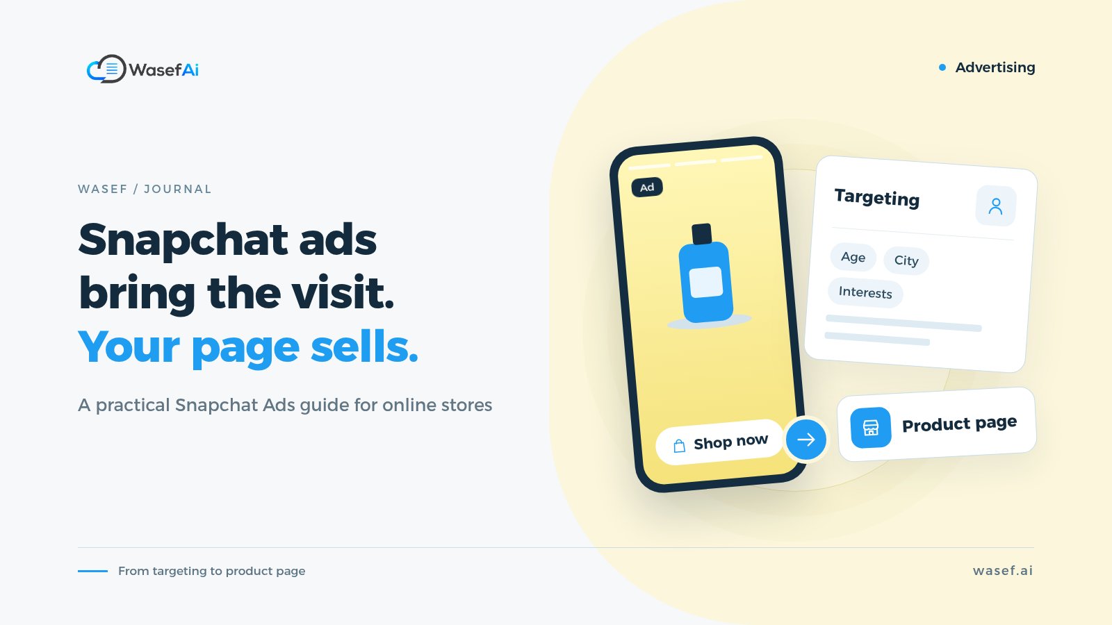 Cover for an article on Snapchat ads for online stores: a phone showing a vertical ad with a Shop now button, and a targeting card for age, city and interests leading to a product page.