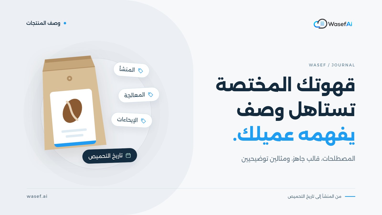 غلاف مقال وصف القهوة المختصة: كيس قهوة بملصق فارغ وبطاقات للمنشأ والمعالجة والإيحاءات وتاريخ التحميص، مع عبارة قهوتك المختصة تستاهل وصف يفهمه عميلك.