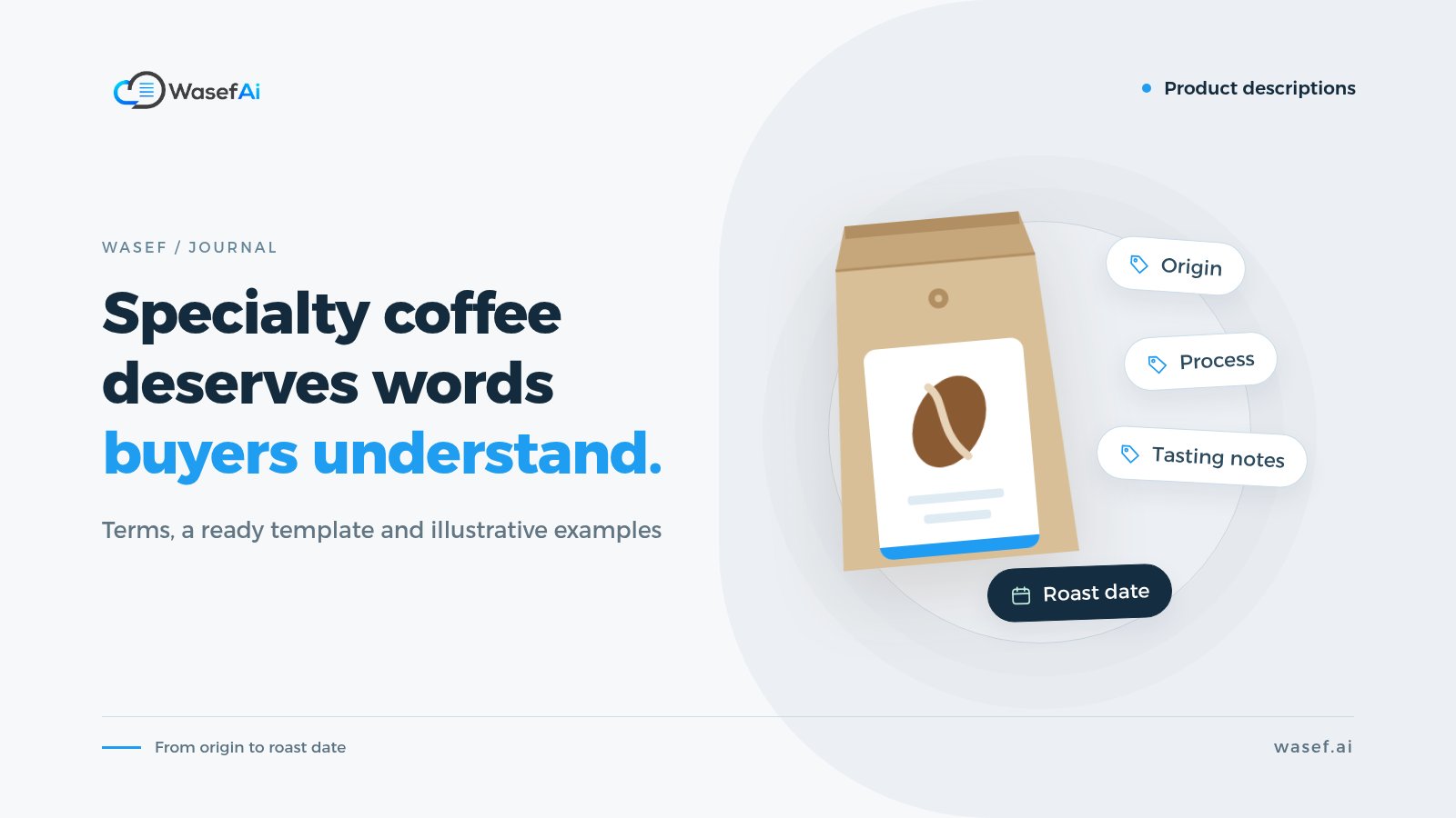 Cover for writing specialty coffee descriptions: a coffee bag with tasting-term tags, with the headline Specialty coffee deserves words buyers understand.
