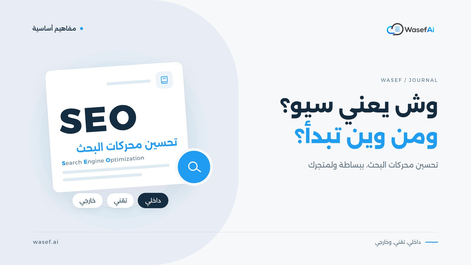 غلاف مقال معنى سيو: بطاقة مصطلح تشرح أن SEO اختصار Search Engine Optimization أي تحسين محركات البحث، مع أقسامه الداخلي والتقني والخارجي، وعبارة وش يعني سيو؟ ومن وين تبدأ؟