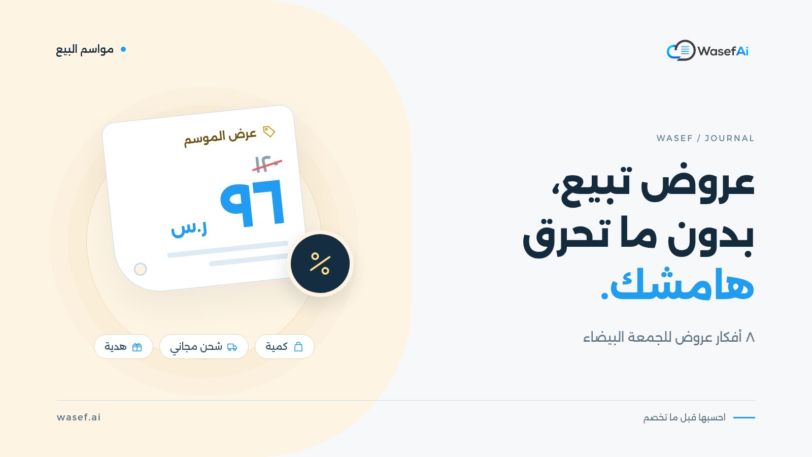غلاف مقال أفكار عروض الجمعة البيضاء: بطاقة سعر يظهر فيها السعر قبل الخصم وبعده، وشارة نسبة خصم، وخيارات عروض مثل الكمية والشحن المجاني والهدية، مع عبارة عروض تبيع بدون ما تحرق هامشك.