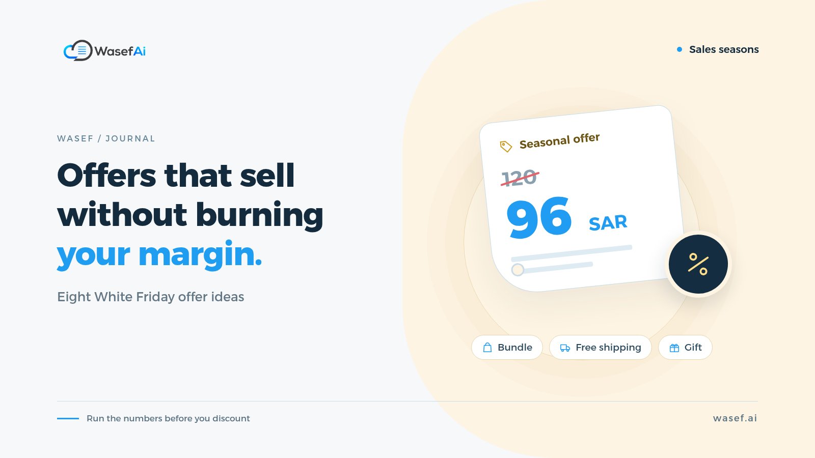 Cover for White Friday offer ideas: a price tag with a discounted price and a percent badge, with the headline Offers that sell without burning your margin.