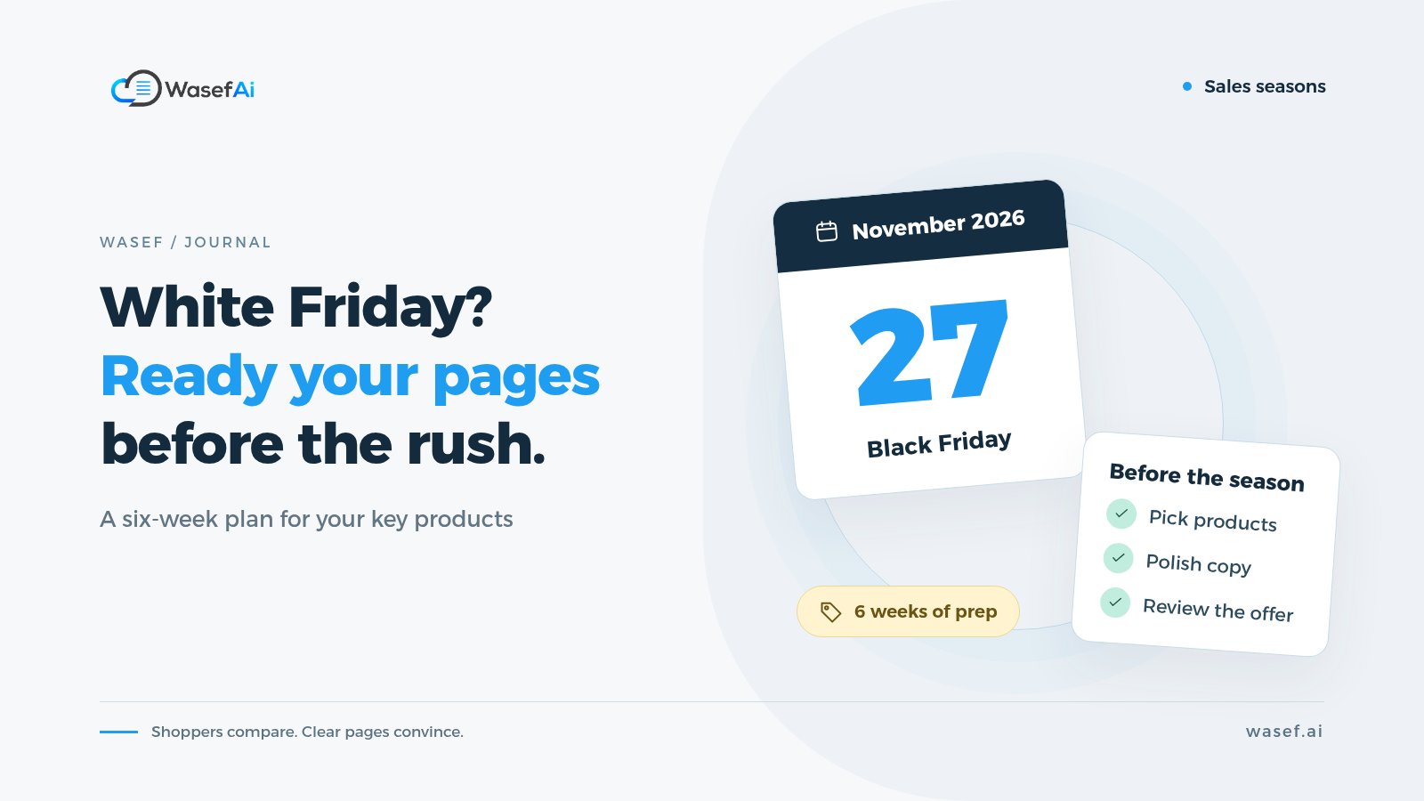 Cover for preparing product pages for White Friday: a calendar marking White Friday beside a preparation checklist, with the headline White Friday? Ready your pages before the rush.